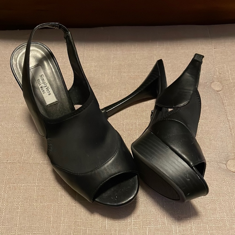 Simply Vera open toed heels with 3 inch heel and spandex upper.